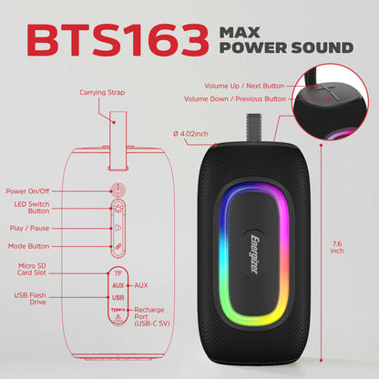 BTS163 (Portable  Bluetooth Speaker), RGB, TWS, IP65